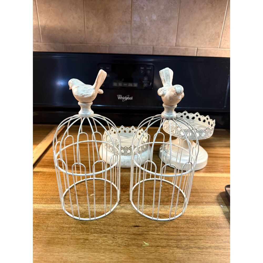 Distressed White Decorative Birdcage Candle Holder Set | Rustic Farmhouse Birds - Picture 2 of 6